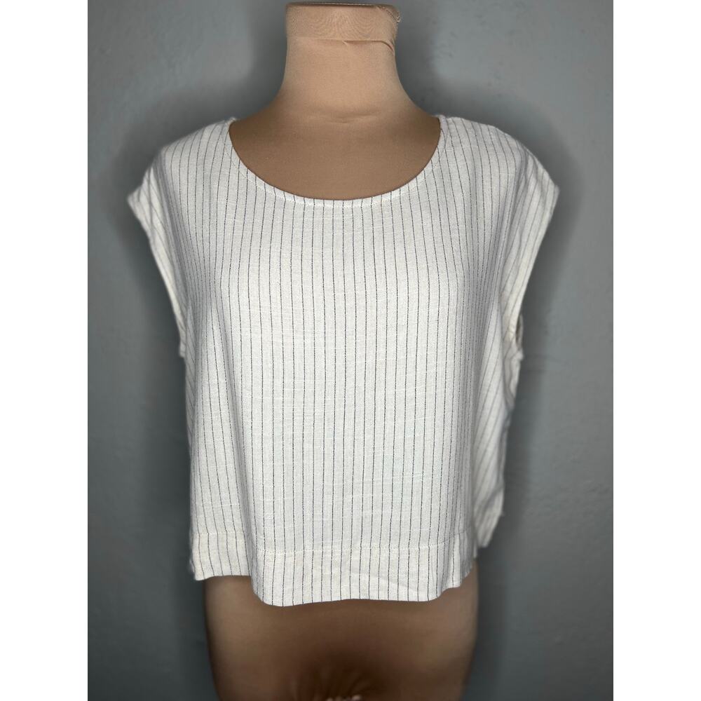 Hunter & Brown Linen Blend Top Large Womens Cream Crop Coastal Lagenlook Striped